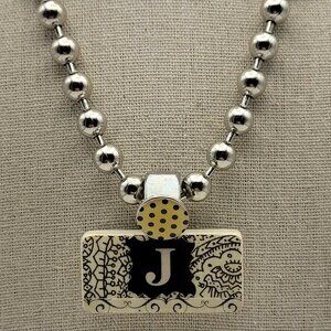 Vtg. Initial Letter J Domino Tile Pendant Ball Bead Chain Necklace 18" Steampunk